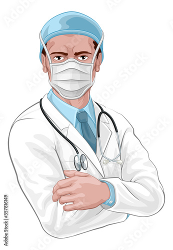 A doctor medical healthcare professional character with arms folded and serious but caring look. Wearing PPE protective face mask.