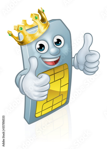 A mobile phone sim card cartoon character mascot wearing a gold king crown giving a double thumbs up.