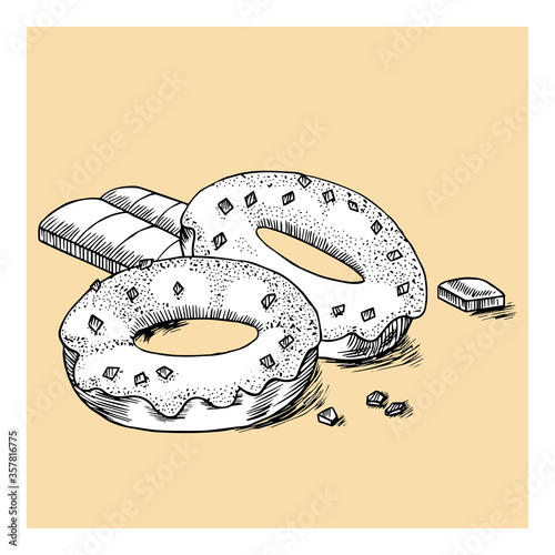 Delicious donuts with cream and chocolate. Monochrome outline hand drawn vector illustration for print, cook book, cafe menu, decoration, packaging, bages. 
