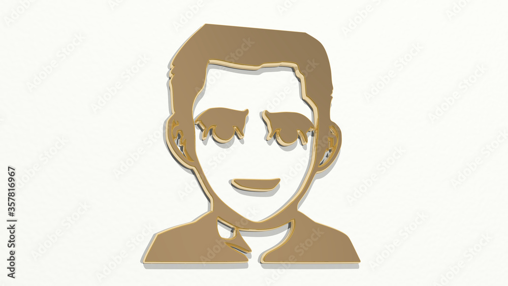 BOY PORTRAIT made by 3D illustration of a shiny metallic sculpture on a wall with light background