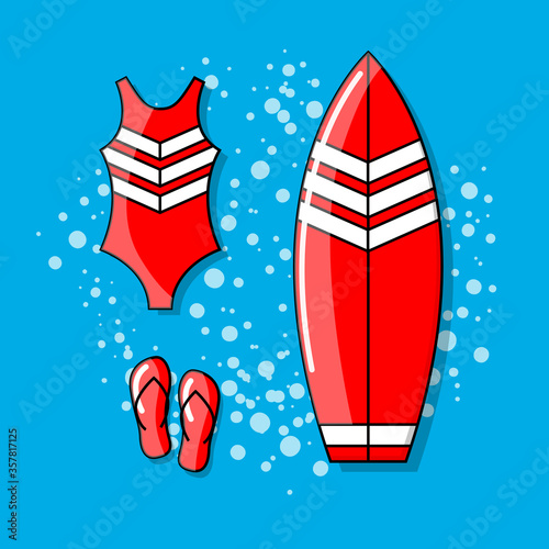 Colorful summer illustration. Vacation. Swim wear, serf board, flip flops - Vector