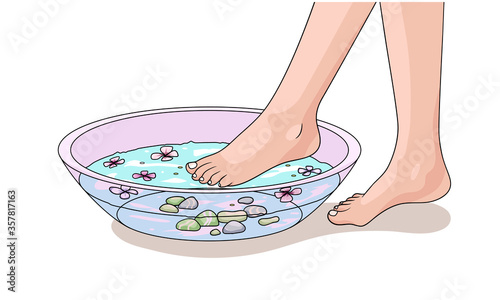 beauty spa procedure for feet. bowl with water flowers and stones. pedicured female legs. cartoon drawing. Isolated vector