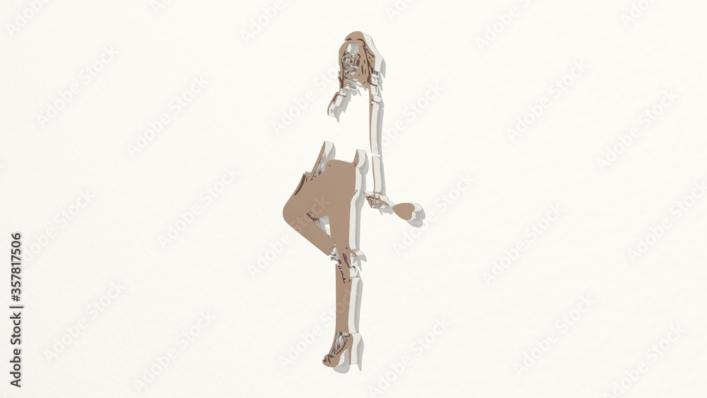ravishing woman made by 3D illustration of a shiny metallic sculpture on a wall with light background