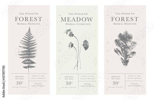 Set of labels of Natural organic herbal products. Vintage packaging design collection for Cosmetics, Pharmacy
