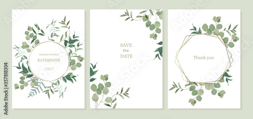 Zestaw kart kwiatowy z liśćmi eukaliptusa. Rama zieleni. Styl rustykalny. Na ślub, urodziny, imprezę zapisz datę. Ilustracja wektorowa. Styl akwareli