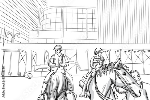 Cheerful police officers on horses in the city. Smiling man hugging the horse. Line art