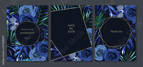 Set of jungle cards with palm leaves, blue rose, orchid, hibiscus and gold frame. Summer botany template.  For wedding, birthday, party, save the date. Vector illustration.