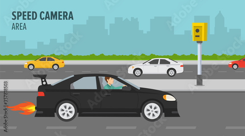 Fototapeta Naklejka Na Ścianę i Meble -  A man driving a street racing car fast on the city street. Road safety and speed camera area. Flat vector illustration.