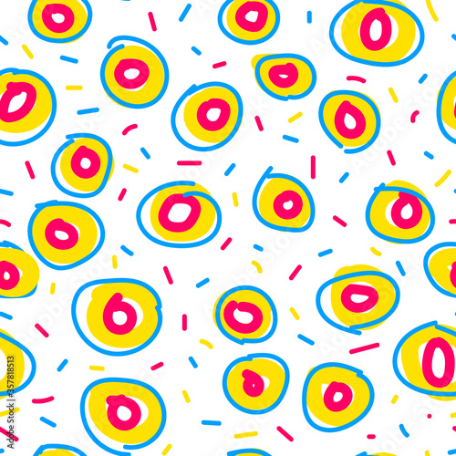 Seamless donut pattern. Stylized hand-drawn donuts isolated on white background. Colored confetti, circles, sweet food, sprinkles. Vector illustration for menu, holidays, birthday. Abstract wallpaper