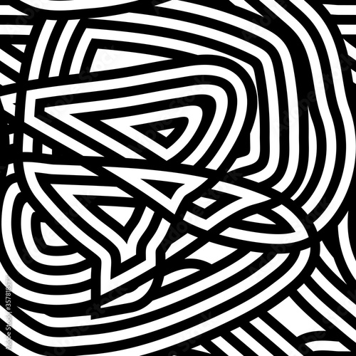Seamless striped abstract pattern. Black and white tangled lines. Messy stripes. Monochrome Knot, clew roll. Geometric memphis image. Vector illustration for wallpaper, wrapping paper, clothes, prints