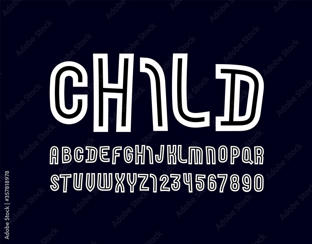 Obraz premium White font with black line, modern children alphabet, trendy Latin letters from A to Z and Arab numbers from 0 to 9, vector illustration 10EPS