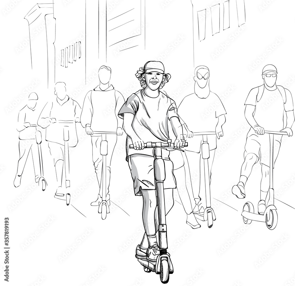 Young group of happy men riding on electric scooter in the city. Line art