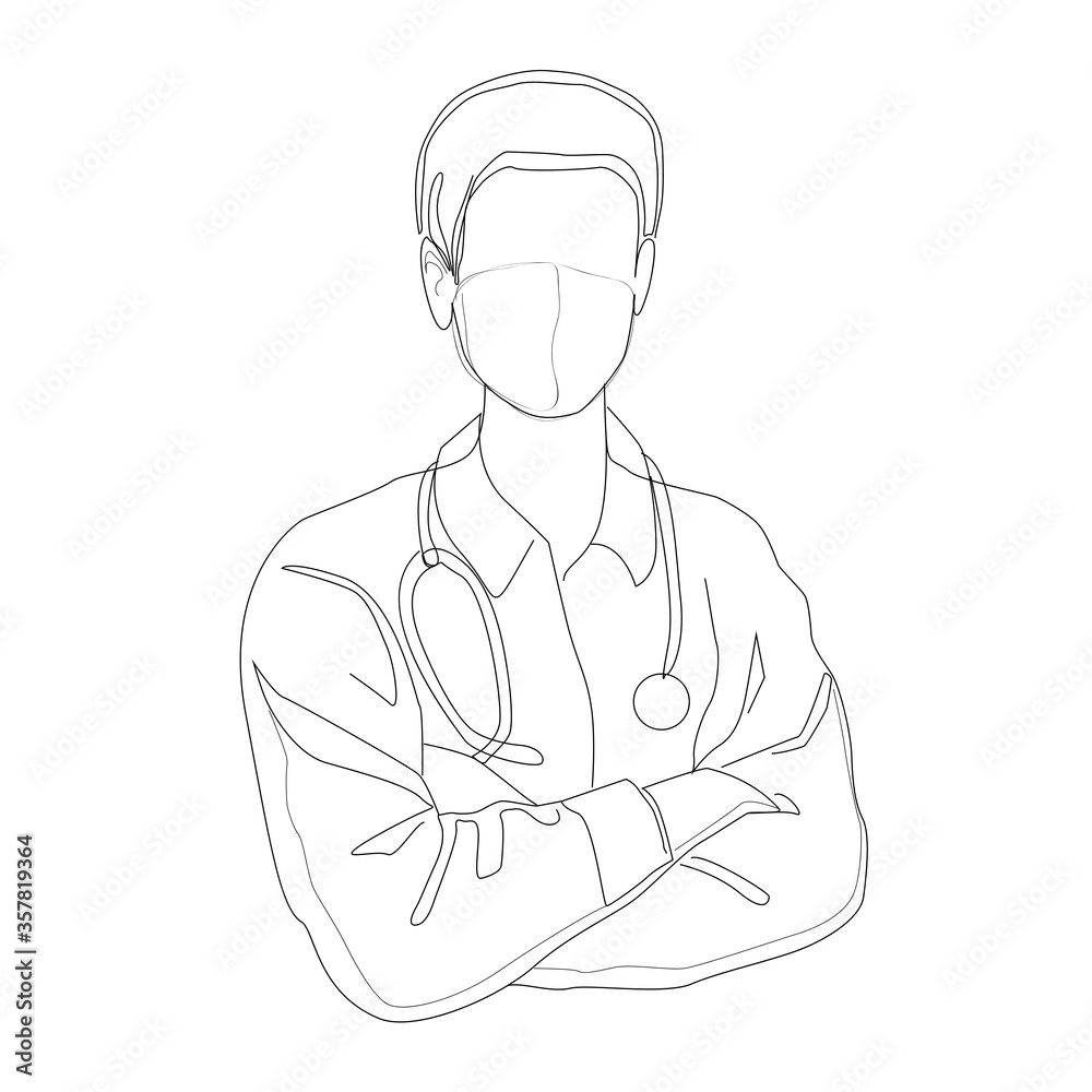 A male doctor is drawn in one line on a white background. Doctor consultation during a pandemic A male doctor is drawn in one line on a white background. Doctor consultation during a pandemic