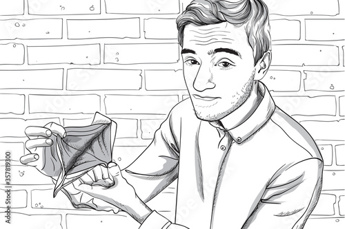Young man with serious face showing his empty wallet. Brick wall background. Line art