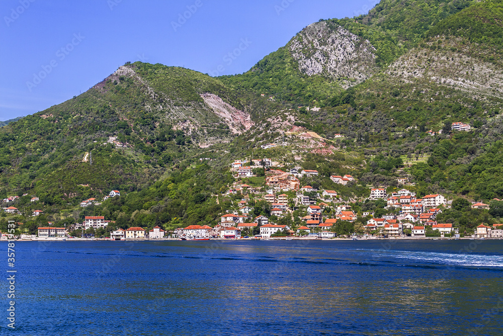 Beautiful landscape Kotor bay (Boka Kotorska) near the town of Tivat, Montenegro, Europe. Kotor Bay is a UNESCO World Heritage Site.