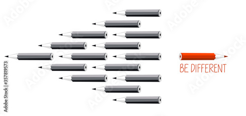 Small pencils group are moving and one is going in different direction vector illustration, concept of difference and independency from a crowd, be different.
