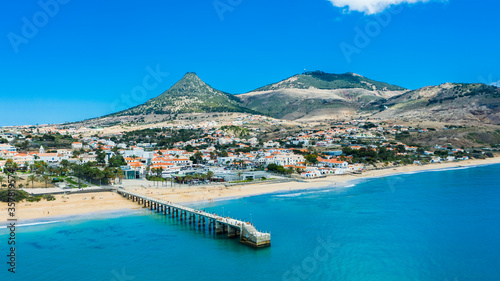 Aerial view of "Vila Baleira"with "Pico Castelo" as background, Porto Santo, Madeira, Portugal