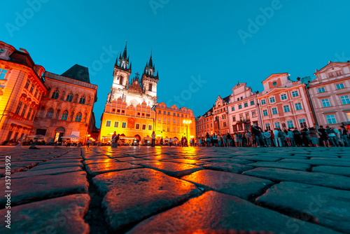 Church of Our Lady before Tyn (Tyn Church) in the Old Town square (Stare Mesto) at night. Prague, Czech Republic