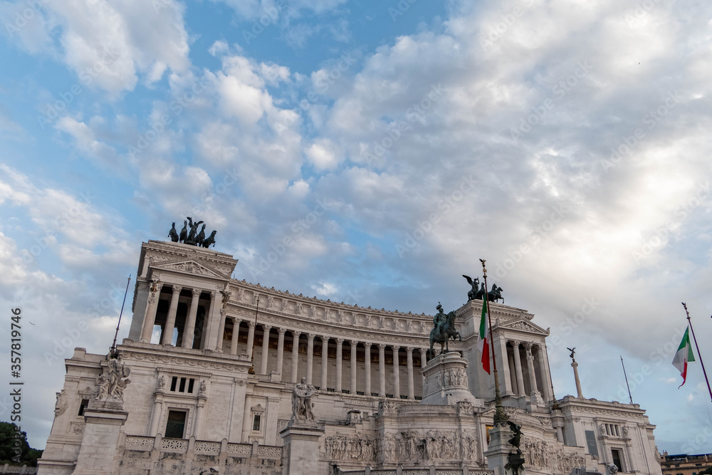 Rome Italy, King Vittorio Emanuele monument impressive facade under cloudy sky