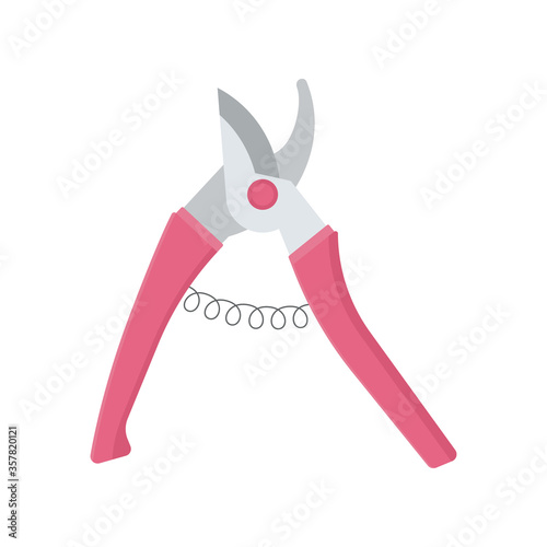 Open garden shears, secateurs with pink handles. Florist's tool. Vector stock flat illustration isolated on a white background.