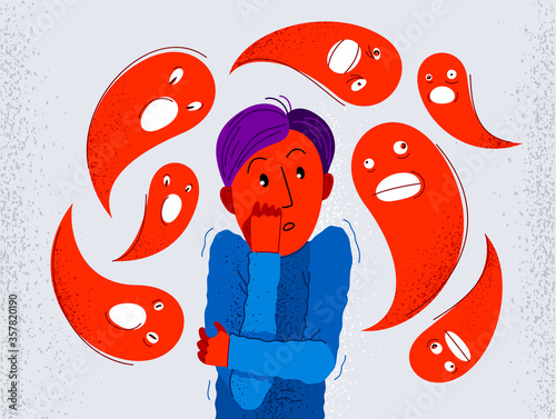 Phobia of ghosts and spirits paranormal vector illustration, boy scared in panic attack surrounded with imaginary ghosts flying around him, psychology and psychiatry.