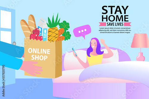 Young delivery man or courier delivering a package or box to happy woman. Doorstep delivery to home. Stay home, Save lives concept. Vector illustration