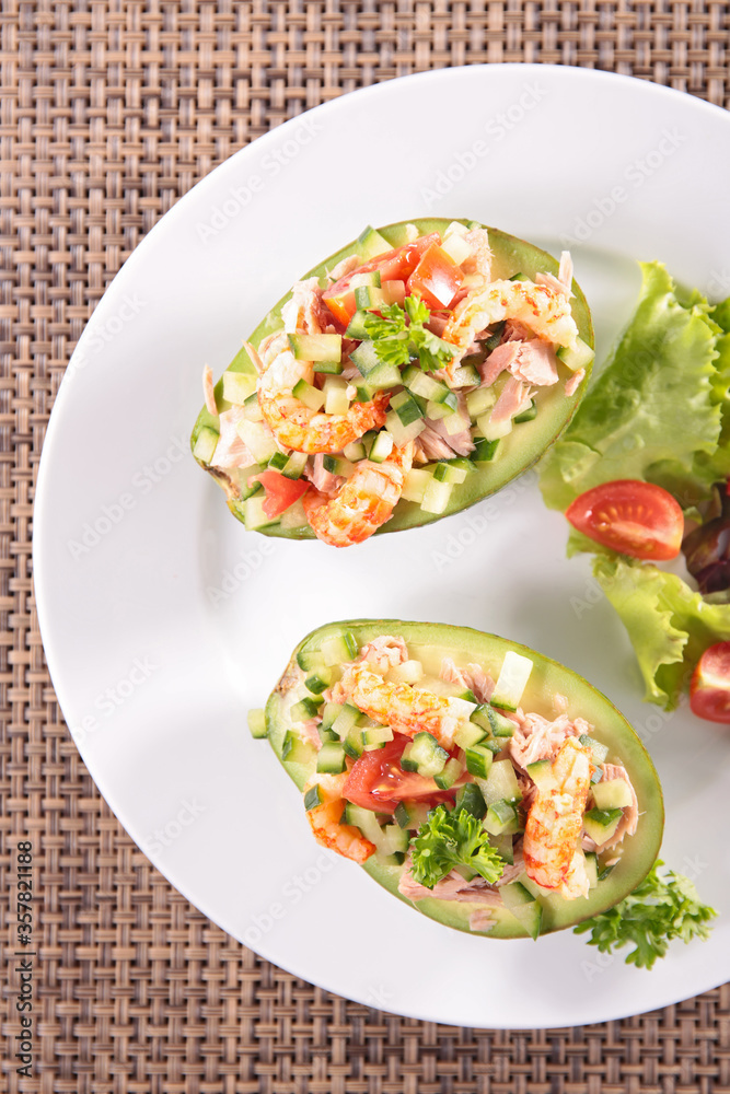 avocado salad with shrimp, cucumber and tomato avocado salad with shrimp, cucumber and tomato
