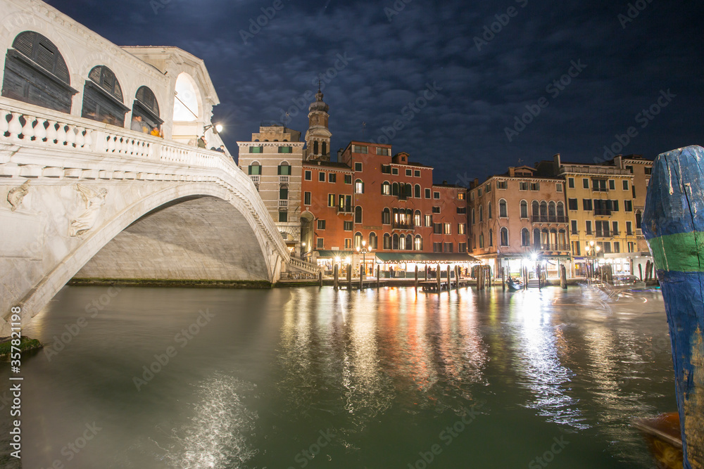 Venice Veneto Italy on January 19, 2019: Twilight at Grand Canal. Rialto bridge.
