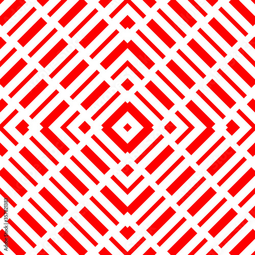Repeated red geometric figures on white background. Seamless surface pattern design with symmetrical rectangles and rhombuses ornament. Polygons wallpaper. Diagonal dashed lines motif. Digital paper