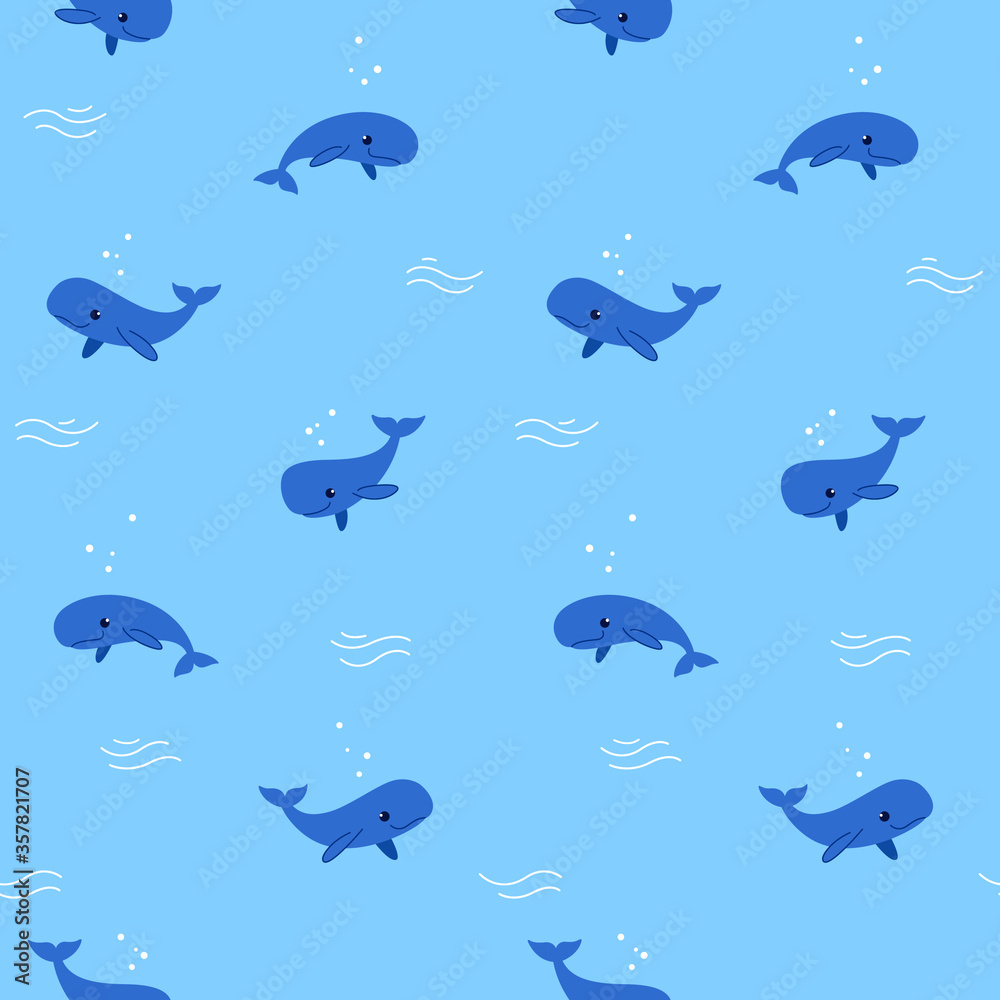 Fototapeta premium Simple seamless trendy animal pattern with cachalot. Cartoon illustration.