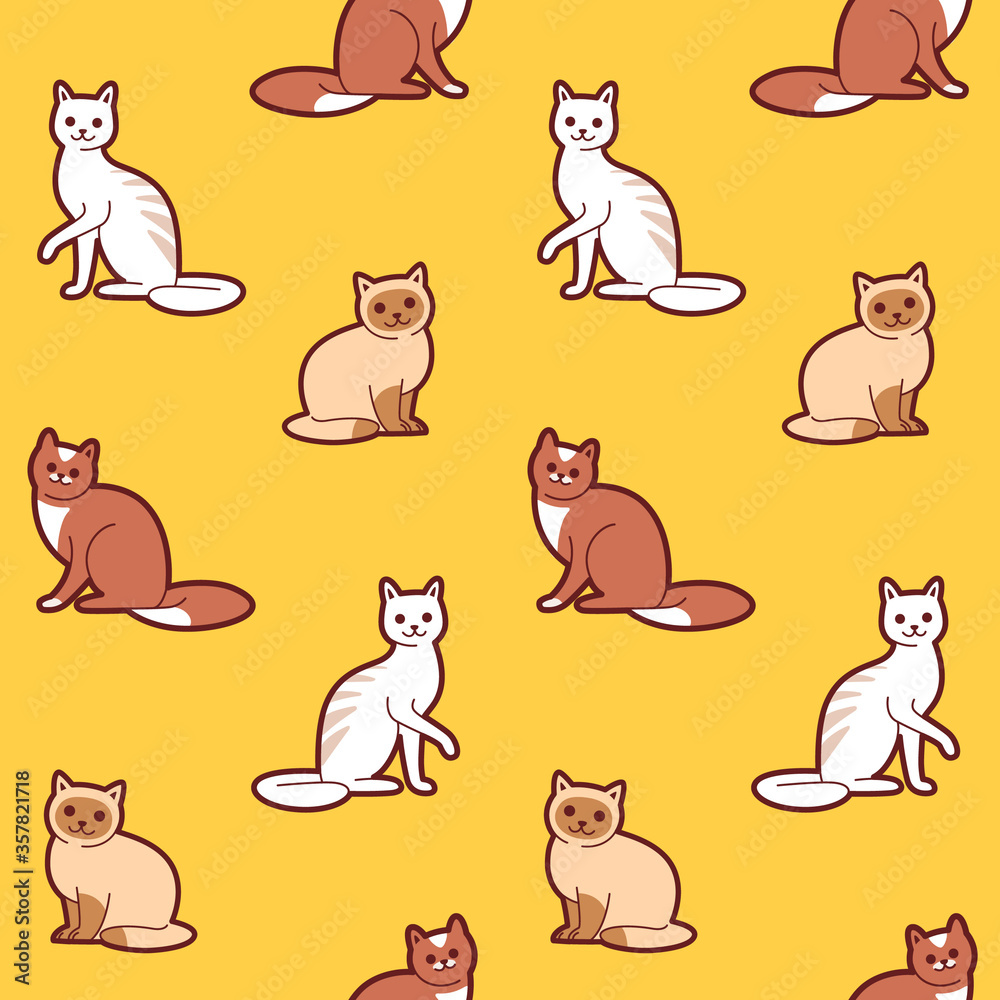 Simple seamless trendy animal pattern with different breeds of cats. Cartoon illustration.