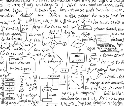 Informatics vector seamless pattern with hand drawn computer devices, programming code and handwritten diagram charts. You can use any color of background