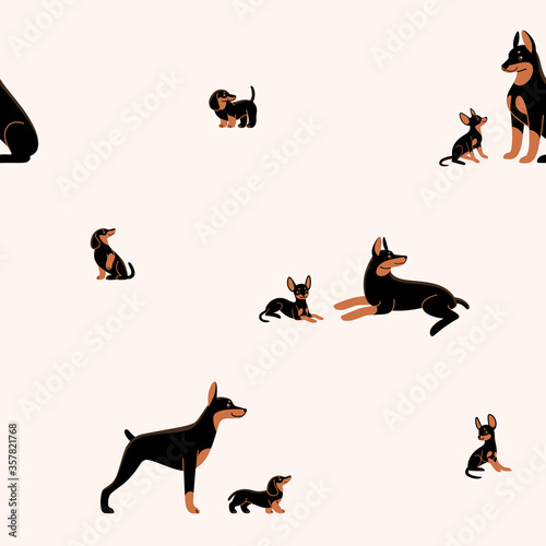 Simple seamless trendy animal pattern with different breeds of dogs. Cartoon illustration.