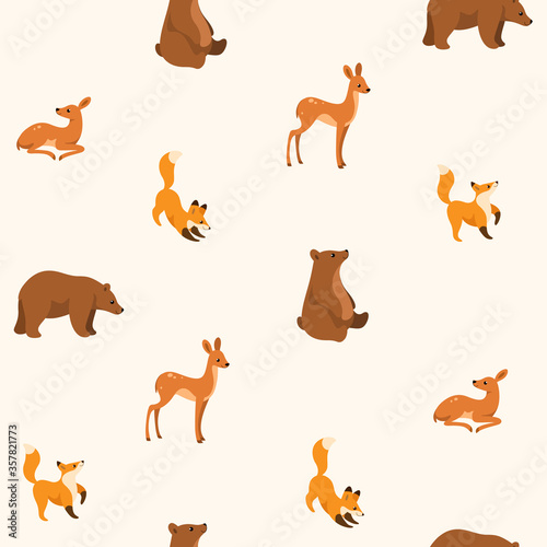 Simple seamless trendy animal pattern with fawn  fox  bear. Cartoon  illustration.