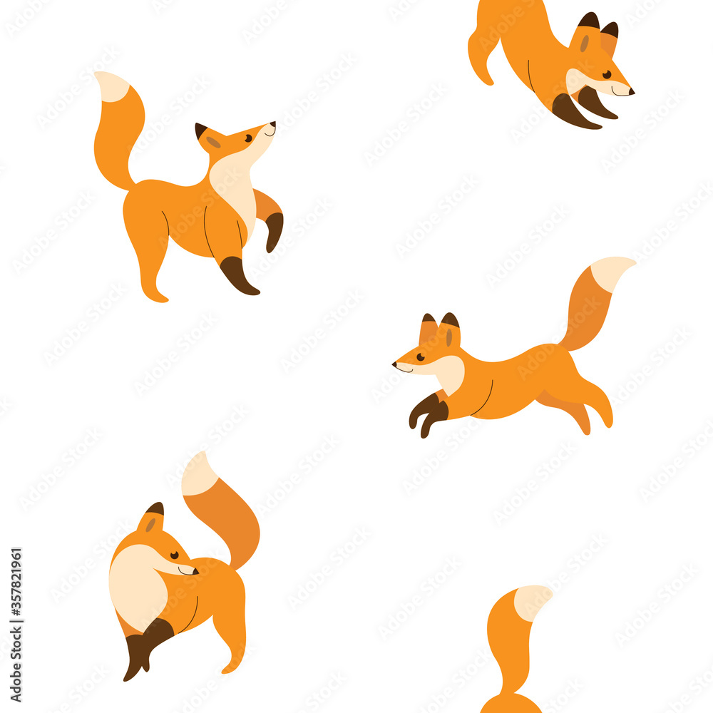Simple seamless trendy animal pattern with fox. Cartoon illustration.