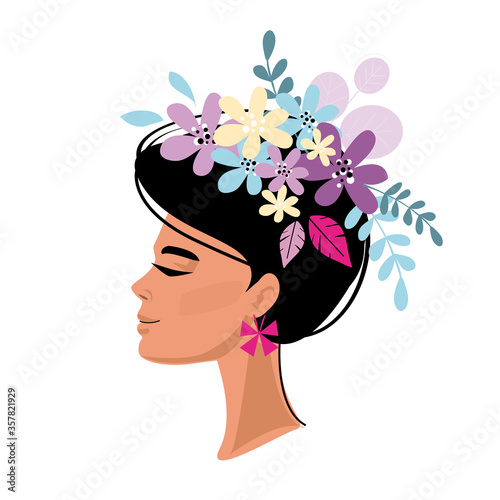 Young girl and flowers on her head. Mental health therapy. Harmony and calm