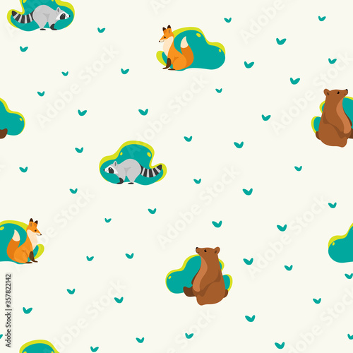 Simple seamless trendy pattern with raccoon, fox, bear. Cartoon illustration for prints, clothing, packaging and postcards. 