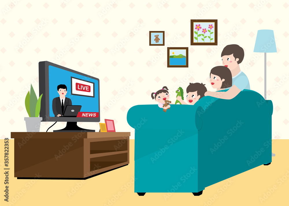 Lovely Family Sitting On Sofa Together In Living Room. Mom And Dad Watching News On TV. Little