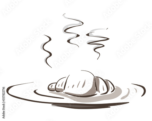 Appetizing hot croissant on a plate. Hand-drawn bake. Doodle. Isolated. No background.
