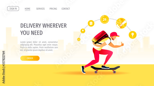 Web page design for Delivery services, Online order tracking, courier. Deliveryman with delivery backpack on skateboard. Vector illustration for poster, banner, advertising, website.