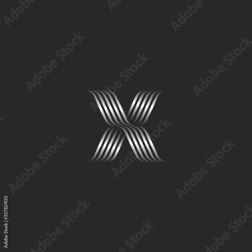 Ornamental letter X logo initial monogram, overlapping thin curved smooth lines, wave shape metal gradient stripes