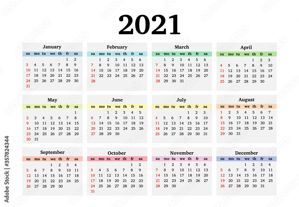 Calendar for 2021 isolated on a white background Calendar for 2021 isolated on a white background