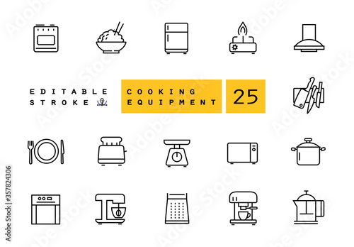 Household appliances and kitchen vector linear icons set. Kitchen outline symbols pack. Collection of cooking tools icons isolated contour illustrations. Scales. Microwave. Toaster. Electric kettle