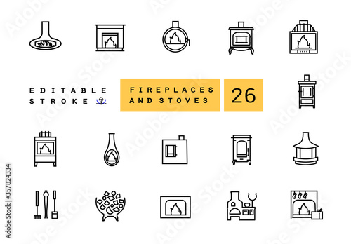Set line icons of fireplaces and equipment for the fire inserts. Bake, oven, furnace. Furnace equipment and Christmas fireplace isolated contour illustrations. Outline symbols pack