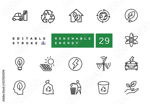 Alternative energy sources vector linear icons set. Ecology renewable energy outline symbols pack. Collection of alternative energy icons isolated contour illustrations. Electric car. Solar power