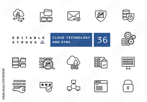 Cloud services and database protection linear icons set. Cloud storage outline symbols pack. Collection of internet hosting and server data transfer isolated contour illustrations. Editable stroke