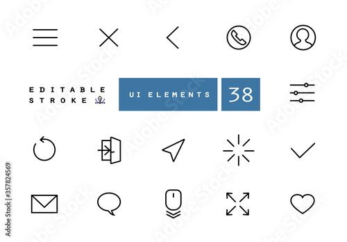 Standard icons for websites vector linear set. Elements navigation outline symbols pack. Collection of simple navigation and action icons isolated contour illustrations. Menu. Avatar. Scroll. Tuning