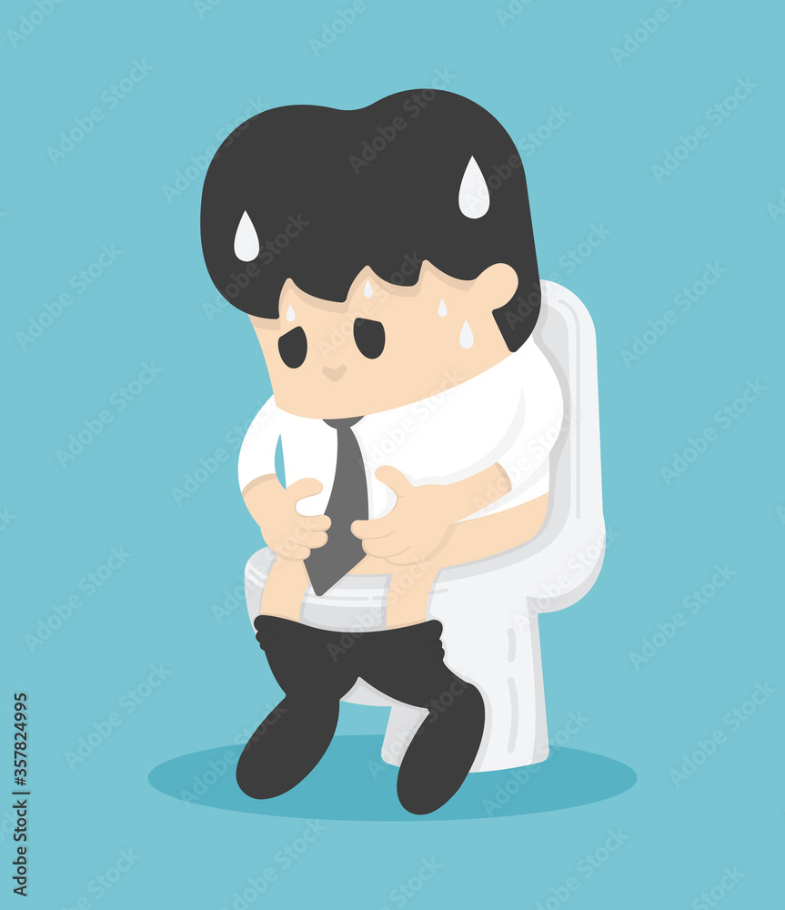 business man sitting on the toilet with his stomach ache and possibly a bowel disease