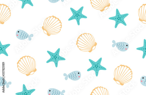Seamless pattern with seashells and fish stock vector illustration