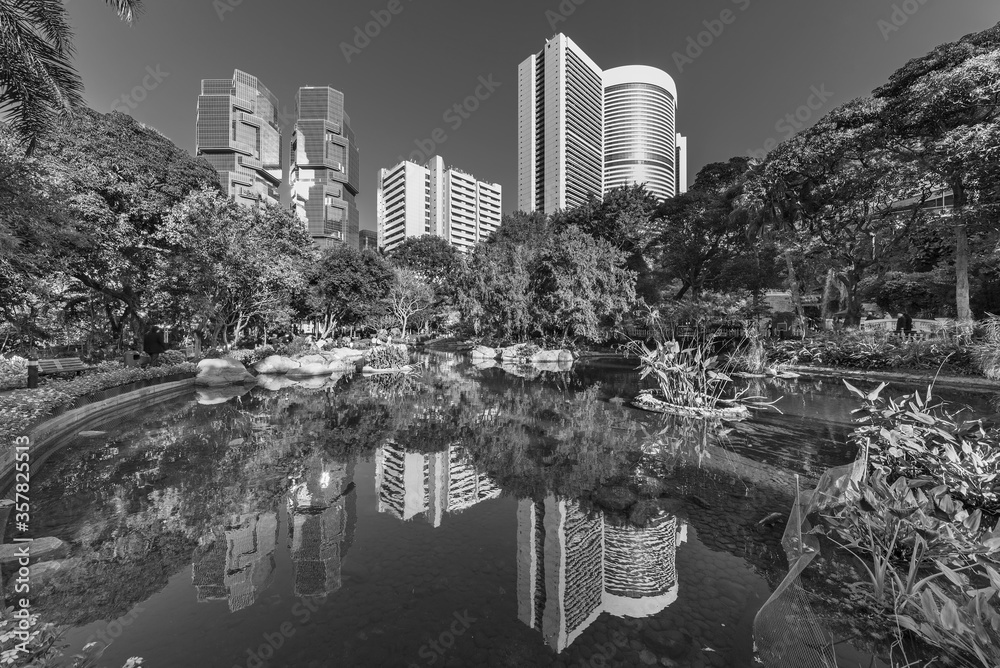 high rise office building and public park in central district of Hong Kong city